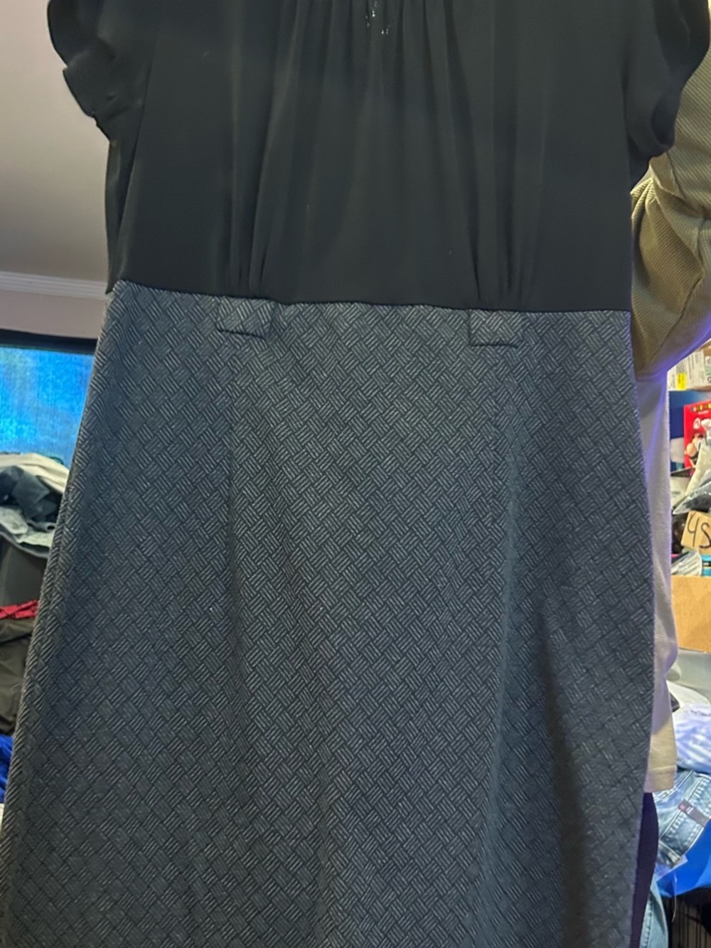 Voir Voir Black Top Navy Patterned Midi Dress